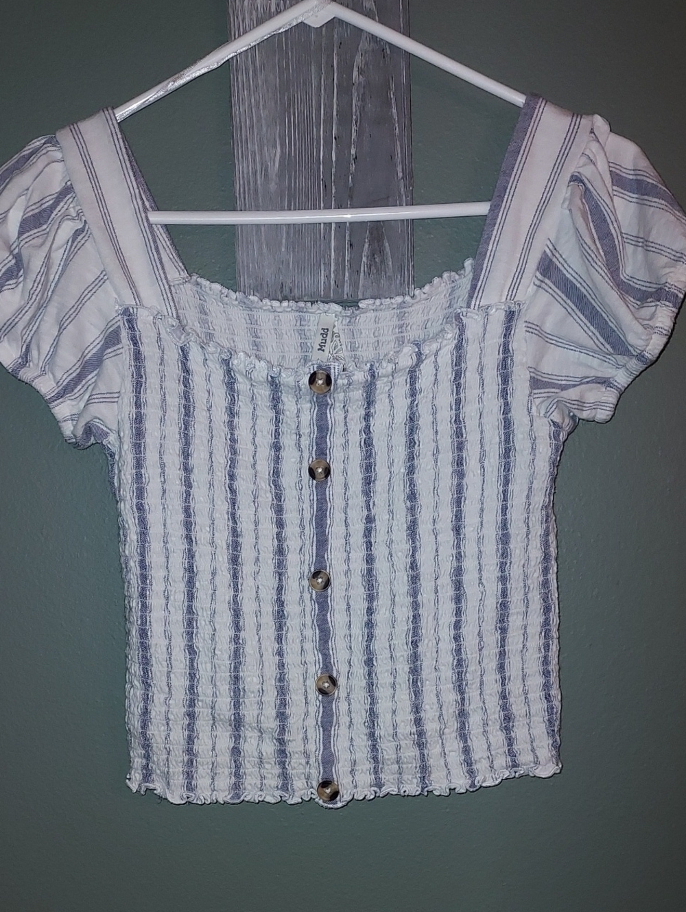 Mudd White and Blue Striped Smocked Button Crop Top